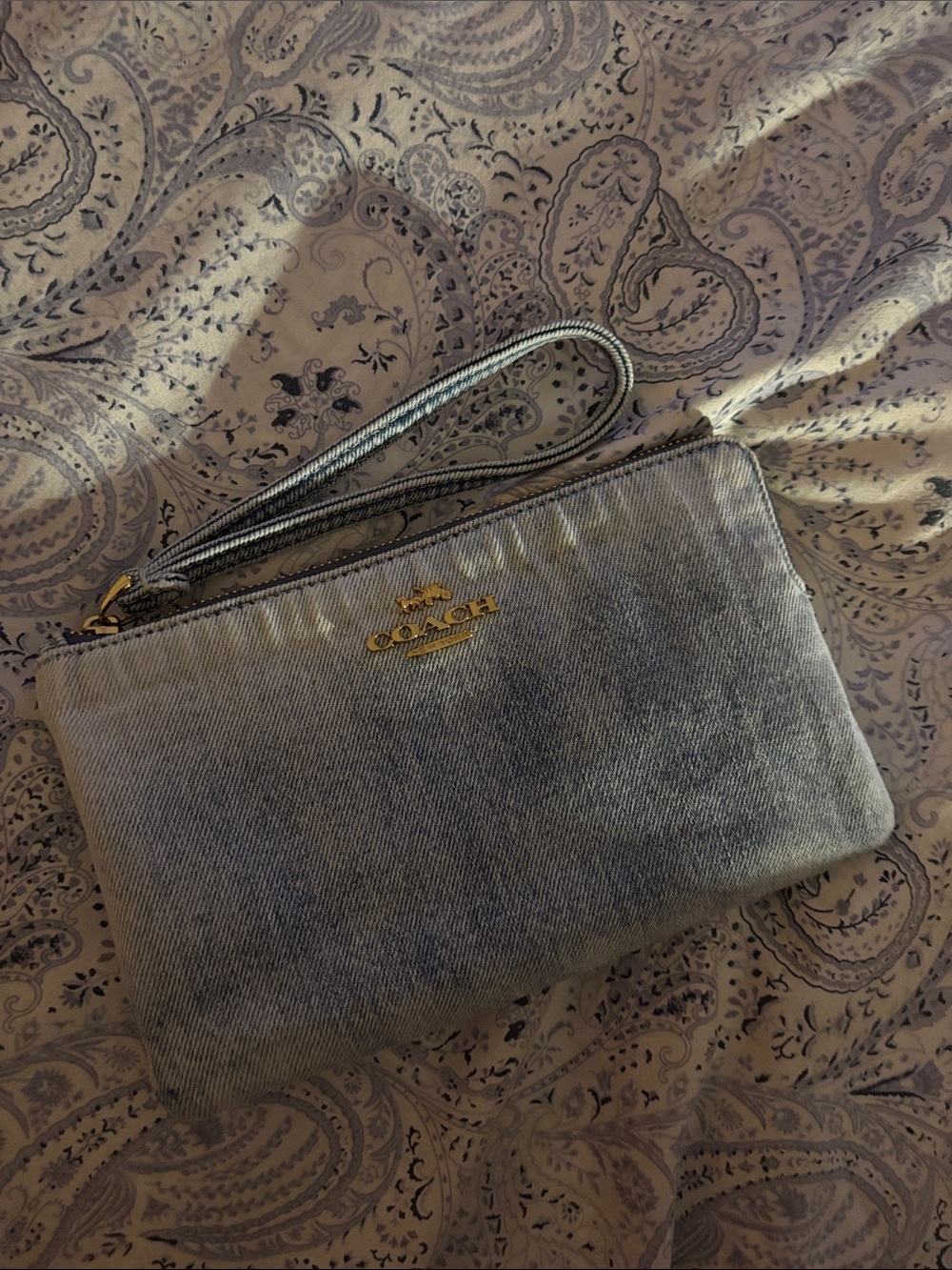 Coach Blue Loved Denim Large Wristlet with Gold Logo